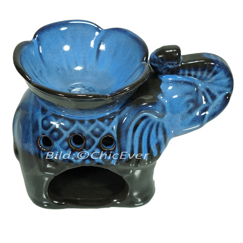 Duftlampe Elefent & Blume Keramik Aromalampe Duftstövchen blau schwarz 4173